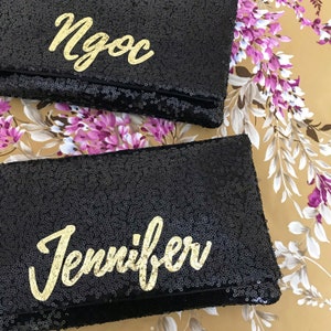 Personalized name monogram sequin clutch purse black or navy Gold
