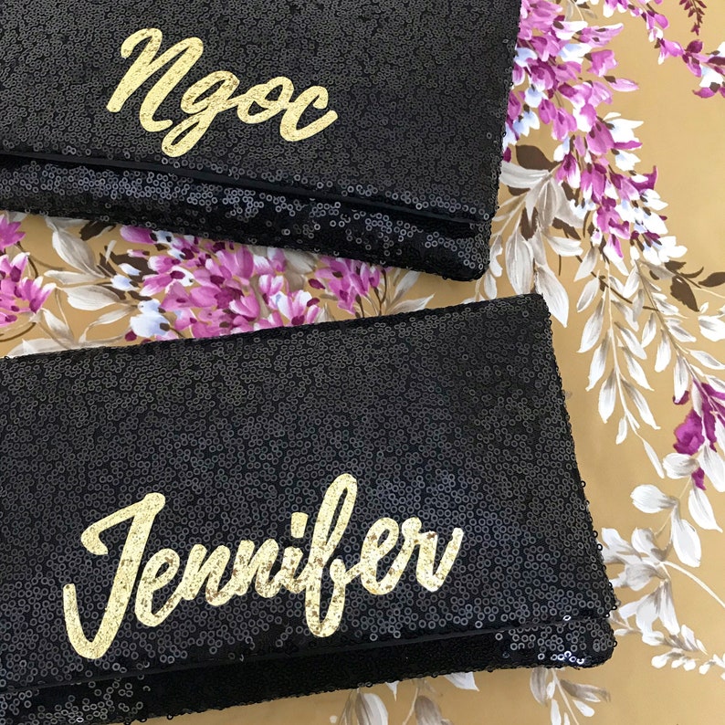 Personalized name monogram sequin clutch purse black or navy Gold