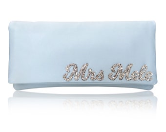 MRS surname wedding day bridal light blue clutch purse
