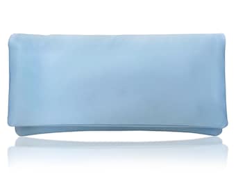 Lichtblauwe satijnen clutch, avondtasje, bruiloft, accessoire voor de moeder van de bruid