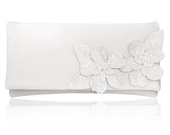 Ivory satin and floral glitter wedding day bridal clutch ASTOR