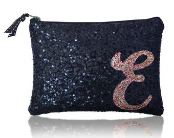 Personalised initial monogram sequin zip top clutch purse navy or black