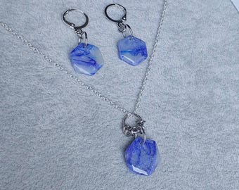 Handmade Sterling Silver Jewelry Set: Blue Marble Necklace & Earrings