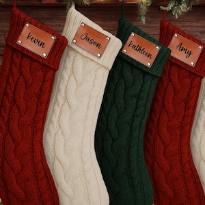 Personalized Christmas Stockings With Leather Patch, Holiday Decor, Christmas Gift, Knit Stocking, Custom Christmas Stockings with Name