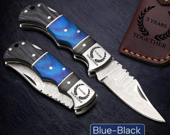 Custom Handmade Damascus Pocket Knife, Engraved Pocket Knife, Serrated Edge Blade, Fishing Camping Gifts for Dad, Rust Free Folding Knife