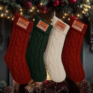 Personalized Christmas Stockings With Leather Patch, Holiday Decor, Christmas Gift, Knit Stocking, Custom Christmas Stockings with Name