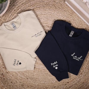 Custom Embroidered Mama & Dad Sweatshirt, Personalized Matching Mom Dad Hoodie With Names On Sleeve, Baby Shower Outfit, New Mom Dad Gifts