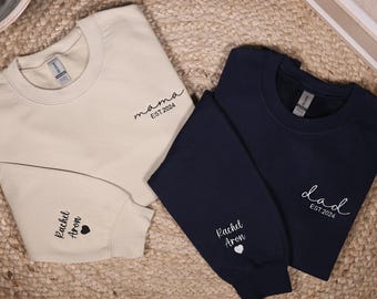 Custom Embroidered Mama & Dad Sweatshirt, Personalized Matching Mom Dad Hoodie With Names On Sleeve, Baby Shower Outfit, New Mom Dad Gifts