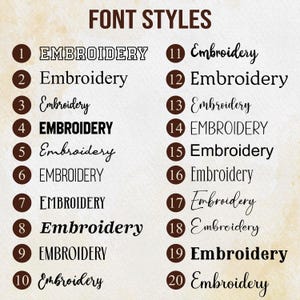 May include: A chart showing 20 different font styles for the word "Embroidery". Each font style is numbered 1 through 20.
