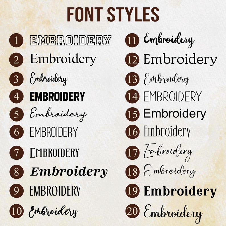 May include: A chart showing 20 different font styles for the word "Embroidery". Each font style is numbered 1 through 20.