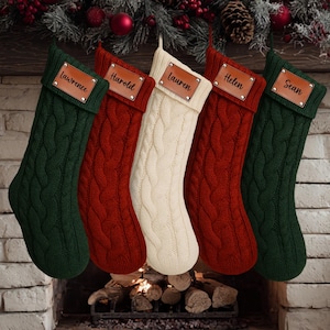 Personalized Christmas Stockings With Leather Patch, Holiday Decor, Christmas Gift, Knit Stocking, Custom Christmas Stockings with Name