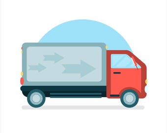 May include: A red and gray delivery truck with arrows on the side, indicating movement and delivery.