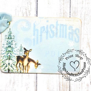 Blue Christmas Deer Pine Tree Gift or Scrapbook Tags or Magnet #514