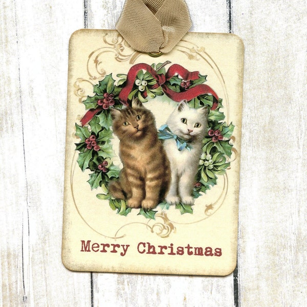 Merry Christmas Kitty Cat Wreath Gift or Scrapbook Tags or Magnet #616