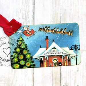 Vintage Style Santa Claus Sleigh & Reindeer Delivering Presents Christmas Gift or Scrapbook Tags or Magnet #213