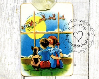 Retro Children Watching Santa Claus out Window Christmas Gift or Scrapbook Tags or Magnet #583