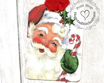 Retro Santa Claus With Candy Cane Christmas Gift or Scrapbook Tags or Magnet #219