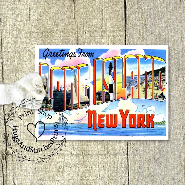 Greetings From Long Island New York Large Letter Souvenir Postcard Gift or Scrapbook Tags or Magnet #G 7