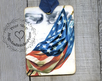 Vintage Style American Flag Patriotic Americana Gift or Scrapbook Tags or Magnet #192