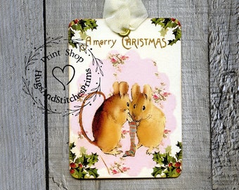 Merry Christmas Mouse Stocking Gift or Scrapbook Tags or Magnet #25