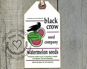 Primitive Black Crow Watermelon Seeds Feedsack Style Gift or Scrapbook Tags #1266