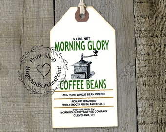 Primitive Morning Coffee Grinder Feedsack Style Gift or Scrapbook Tags  #1248