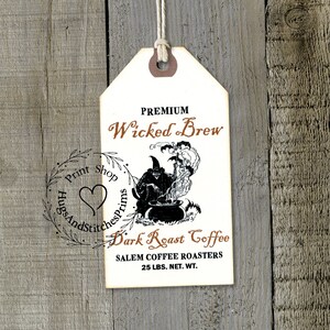 Primitive Witches Wicked Brew Coffee Halloween Feedsack Style Gift or Scrapbook Tags  #1243