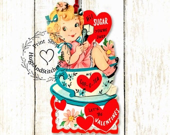 Retro Sugar You're Just  Cup Of Tea Girl In Teacup Valentine Gift or Scrapbook Tags #88