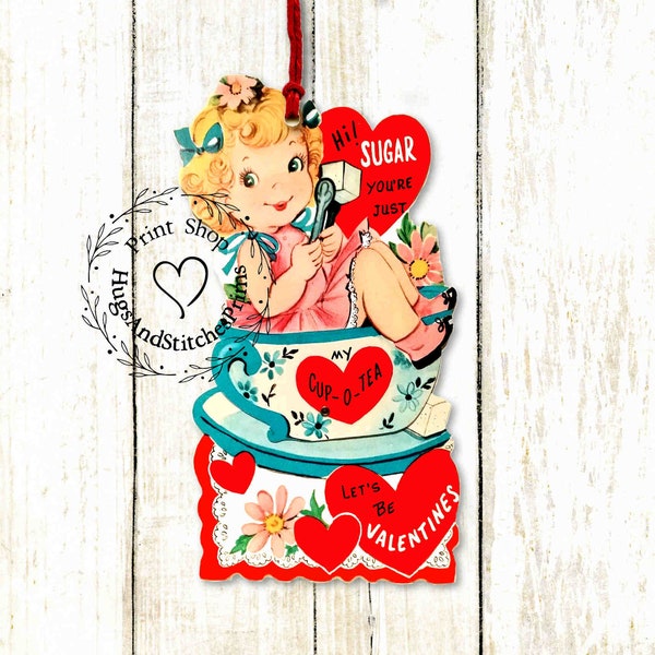 Retro Sugar You're Just  Cup Of Tea Girl In Teacup Valentine Gift or Scrapbook Tags #88