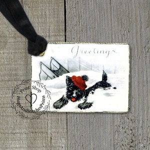 Retro Black Scottie Dog In Snow Christmas Gift or Scrapbook Tags or Magnet #385
