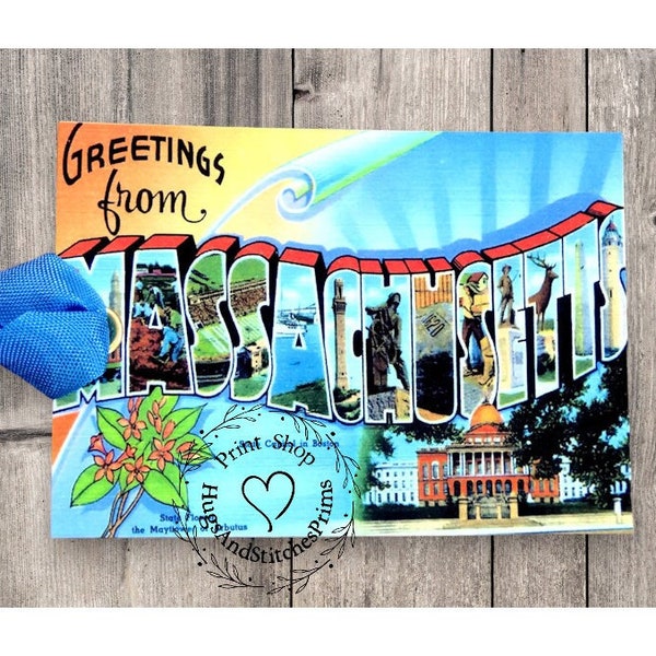 Greetings From Massachusetts Large Letter Souvenir Postcard Gift or Scrapbook Tags or Magnet #G 33