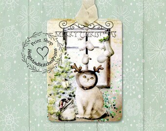 Merry Christmas Kitty Cat Reindeer Christmas Gift or Scrapbook Tags or Magnet #490
