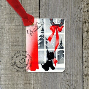 Retro Black Scottie Dog Christmas Greetings Gift or Scrapbook Tags or Magnet  #8
