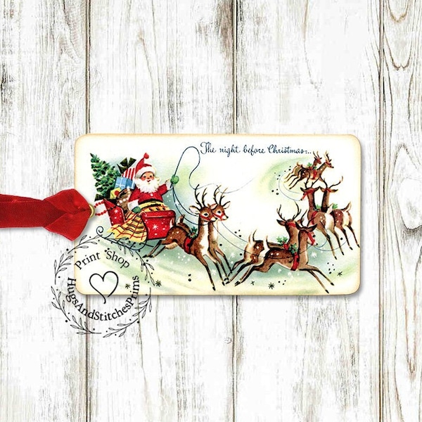 Vintage Style The Night Before Christmas Santa Sleigh Reindeer Christmas Gift or Scrapbook Tags or Magnet #127