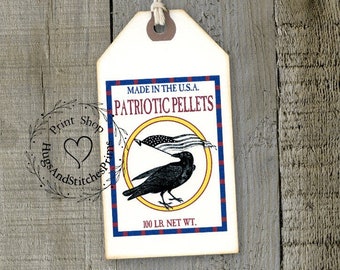 Primitive Patriotic Pellets Crow Flag Patriotic Feedsack Style Gift or Scrapbook Tags #1234