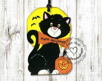 Retro Happy Halloween Black Cat Jack O Lantern Gift or Scrapbook Tags #504