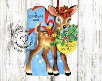 Retro Deer A Christmas Wish Especially For You Christmas Winter Gift or Scrapbook Tags #566