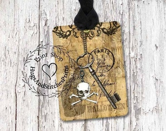 Spooky French Paris Skull Skeleton Key Gift or Scrapbook Tags or Magnet #707