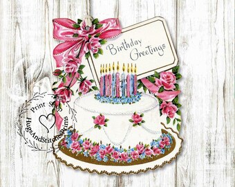 Retro Birthday Greetings Cake Gift or Scrapbook Tags #309