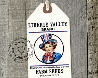 Primitive Liberty Valley Farm Seeds Feedsack Style Gift or Scrapbook Tags  #1116