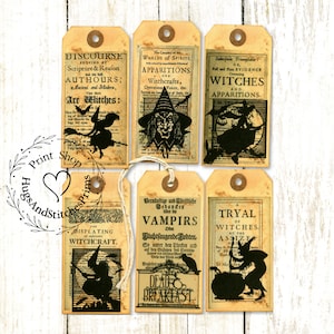 May include: Five vintage-style printable tags with black and white illustrations of witches and vampires. The tags feature text about witches, witchcraft, and vampires. The tags are on a woodgrain background.