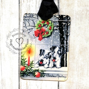 Retro Scottie Dogs In Window Christmas Gift or Scrapbook Tags or Magnet #357