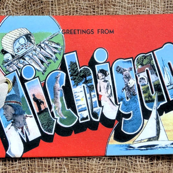 Greetings From Michigan Large Letter Souvenir Postcard Gift or Scrapbook Tags or Magnet #G 17