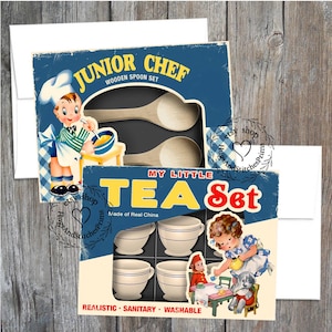 Set of 2 Retro Childs Junior Baking and Little Tea Set Gift Note Greeting Cards #C3