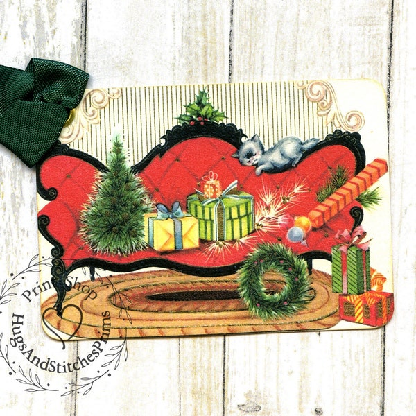 Retro Victorian Sofa Couch Full of Presents Merry Christmas Gift or Scrapbook Tags or Magnet #72