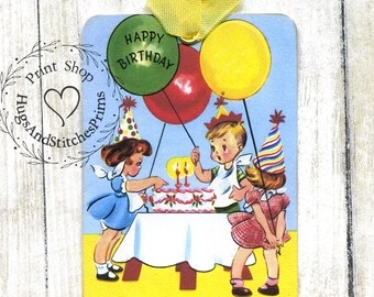 Retro Happy Birthday Children Birthday Party Cake & Balloon Gift or Scrapbook Tags or Magnet #378