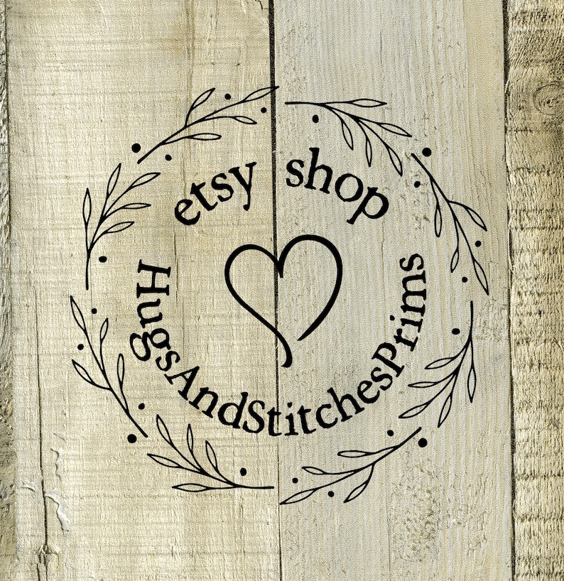 May include: Black and white graphic design with a heart and floral wreath. The text reads "etsy shop HugsAndStitchesprims".