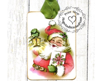 Retro Santa Claus Holding A Lantern Christmas Gift or Scrapbook Tags or Magnet #455