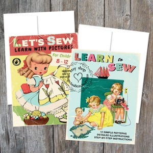 Set of 2 Retro Childs Learn To Sew Sewing Books Card Gift Note Greeting Cards #C18