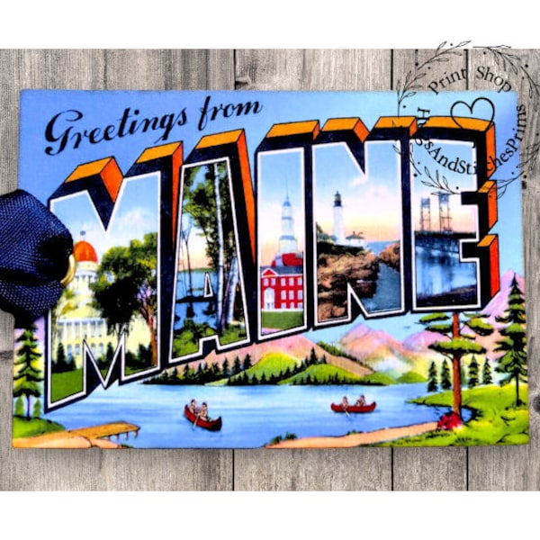 Greetings From Maine Large Letter Souvenir Postcard Gift or Scrapbook Tags or Magnet #G 21